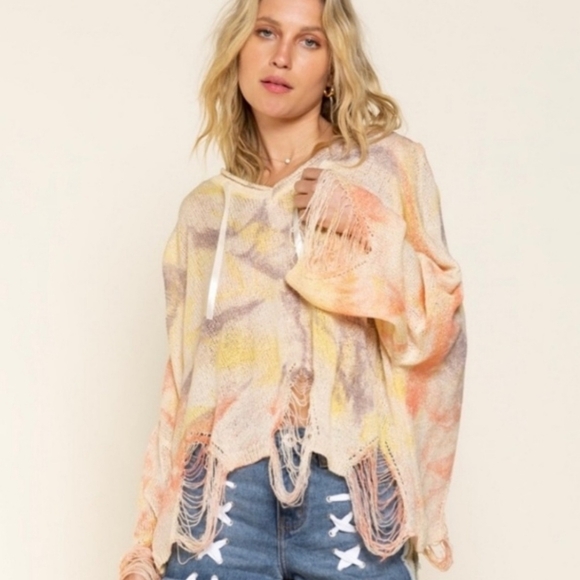 Tie Dye POL Distressed Lightweight Hooded Sweater - Picture 2 of 11